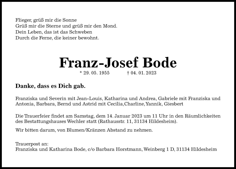  Traueranzeige für Franz-Josef Bode vom 10.01.2023 aus Hildesheimer Allgemeine Zeitung