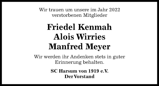 Traueranzeige von Friedel Kenmah von Hildesheimer Allgemeine Zeitung