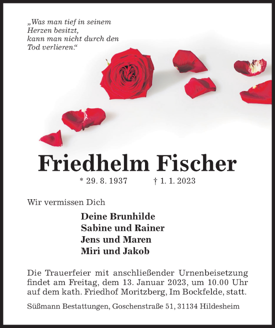 Traueranzeige von Friedhelm Fischer von Hildesheimer Allgemeine Zeitung