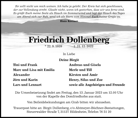 Traueranzeige von Friedrich Dollenberg von Hildesheimer Allgemeine Zeitung