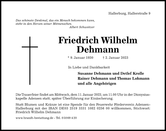 Traueranzeige von Friedrich Wilhelm Dehmann von Hildesheimer Allgemeine Zeitung