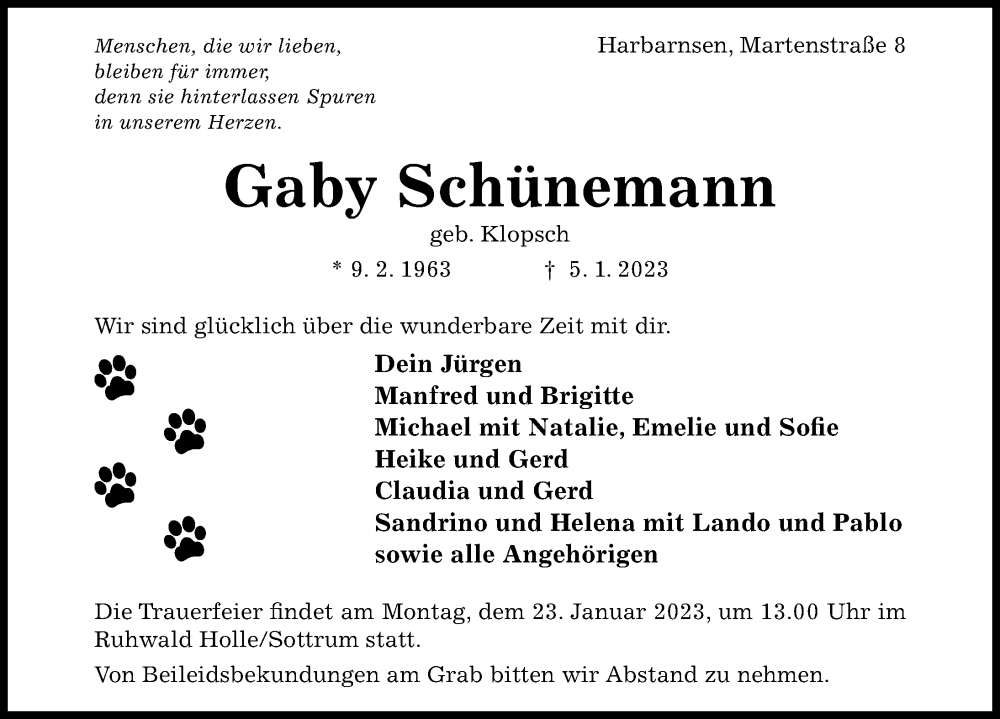  Traueranzeige für Gaby Schünemann vom 11.01.2023 aus Hildesheimer Allgemeine Zeitung