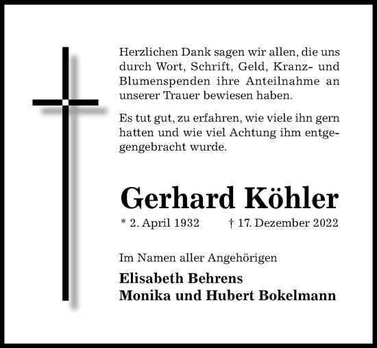 Traueranzeige von Gerhard Köhler von Hildesheimer Allgemeine Zeitung