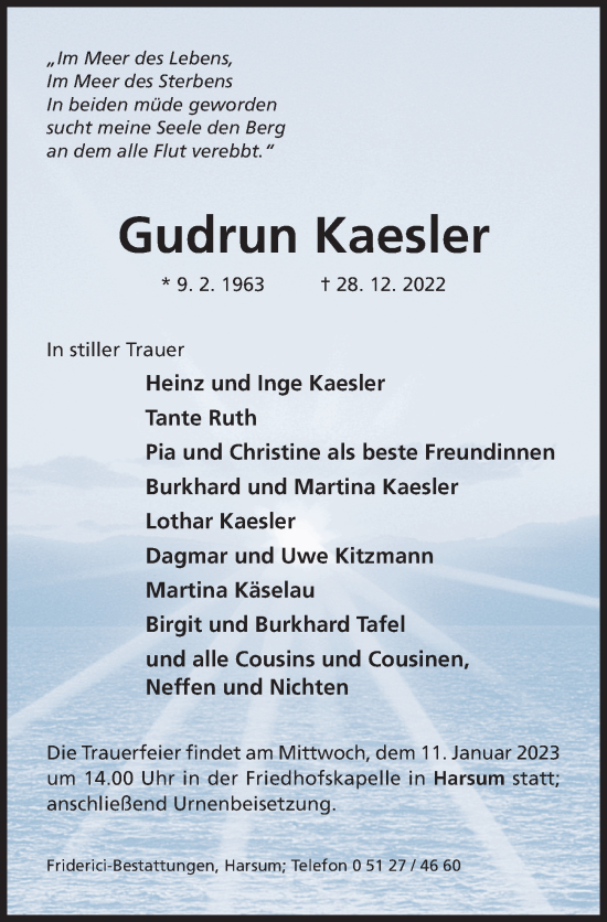 Traueranzeige von Gudrun Kaesler von Hildesheimer Allgemeine Zeitung