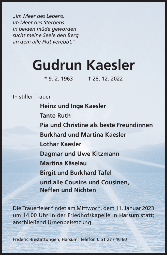  Traueranzeige für Gudrun Kaesler vom 04.01.2023 aus Hildesheimer Allgemeine Zeitung