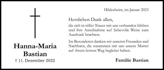 Traueranzeige von Hanna-Maria Bastian von Hildesheimer Allgemeine Zeitung