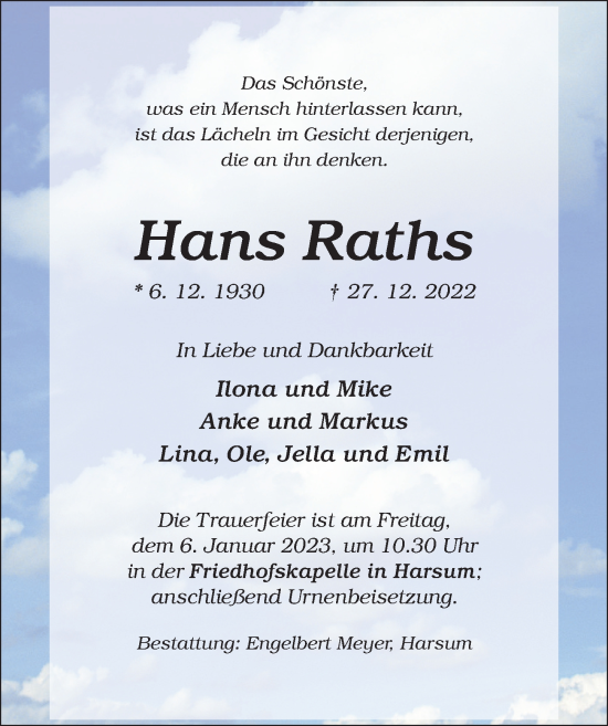 Traueranzeige von Hans Raths von Hildesheimer Allgemeine Zeitung