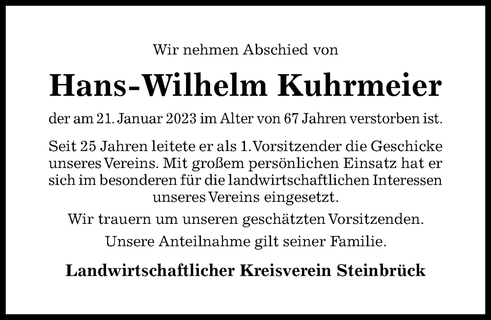  Traueranzeige für Hans-Wilhelm Kuhrmeier vom 27.01.2023 aus Hildesheimer Allgemeine Zeitung