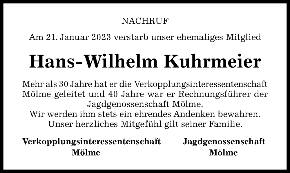  Traueranzeige für Hans-Wilhelm Kuhrmeier vom 25.01.2023 aus Hildesheimer Allgemeine Zeitung