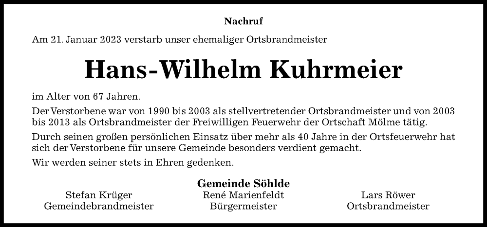  Traueranzeige für Hans-Wilhelm Kuhrmeier vom 28.01.2023 aus Hildesheimer Allgemeine Zeitung
