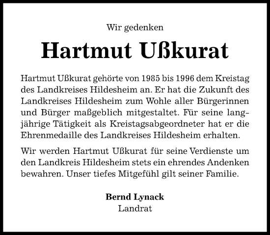 Traueranzeige von Hartmut Ußkurat von Hildesheimer Allgemeine Zeitung