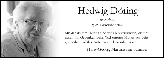 Traueranzeige von Hedwig Döring von Hildesheimer Allgemeine Zeitung