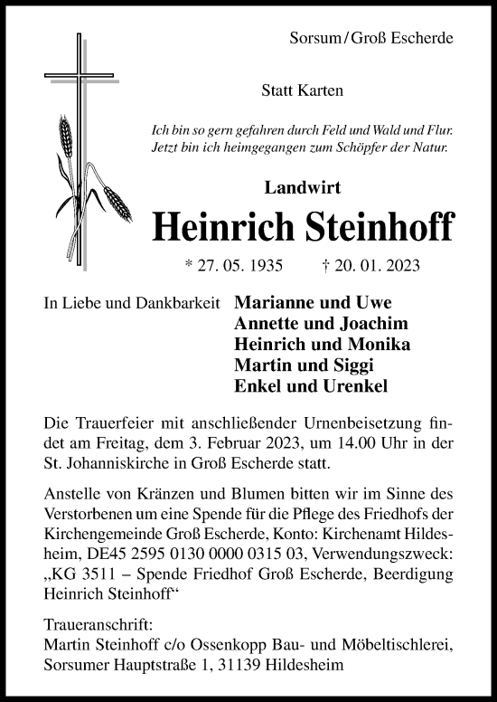 Traueranzeige von Heinrich Steinhoff von Hildesheimer Allgemeine Zeitung