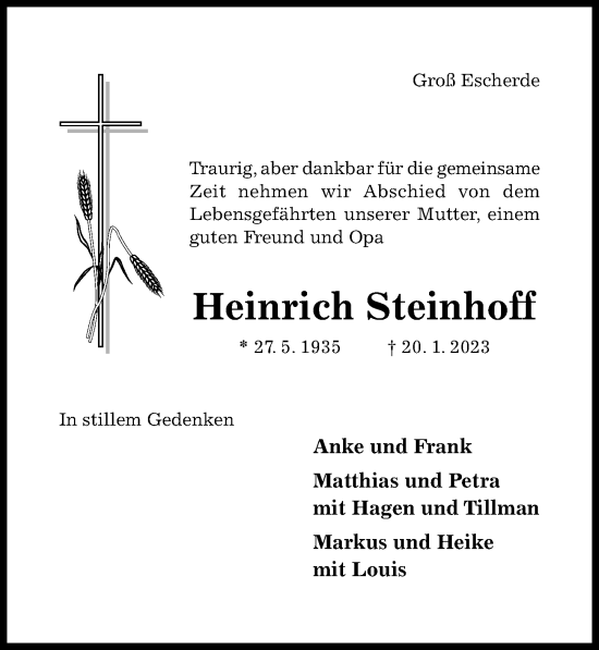 Traueranzeige von Heinrich Steinhoff von Hildesheimer Allgemeine Zeitung