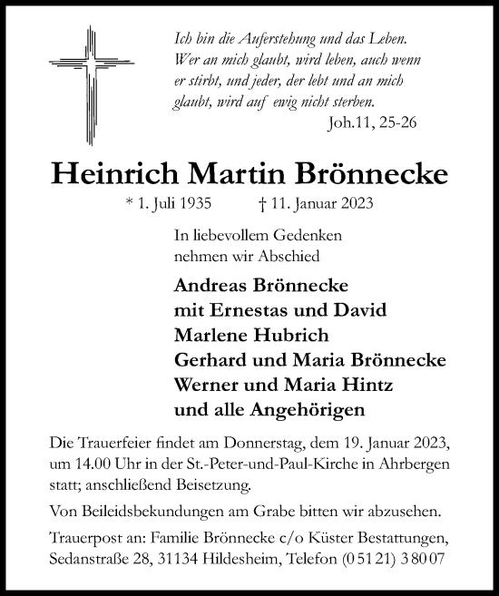 Traueranzeige von Heinrich Martin Brönnecke von Hildesheimer Allgemeine Zeitung