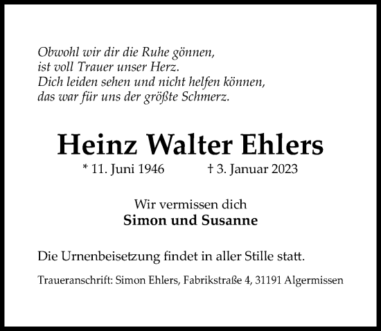 Traueranzeige von Heinz Walter Ehlers von Hildesheimer Allgemeine Zeitung