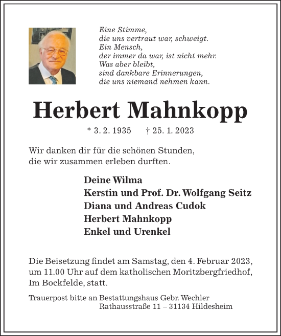 Traueranzeige von Herbert Mahnkopp von Hildesheimer Allgemeine Zeitung