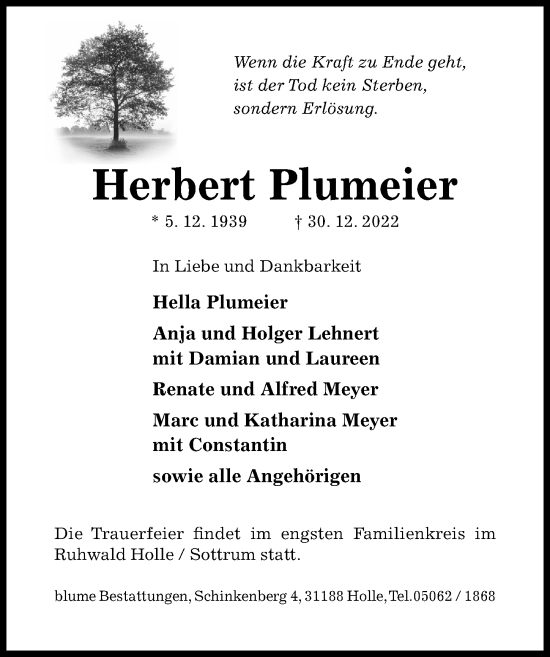 Traueranzeige von Herbert Plumeier von Hildesheimer Allgemeine Zeitung