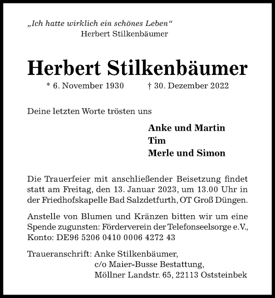 Traueranzeige von Herbert Stilkenbäumer von Hildesheimer Allgemeine Zeitung