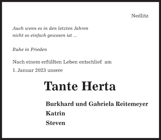 Traueranzeige von Herta Hübner von Hildesheimer Allgemeine Zeitung