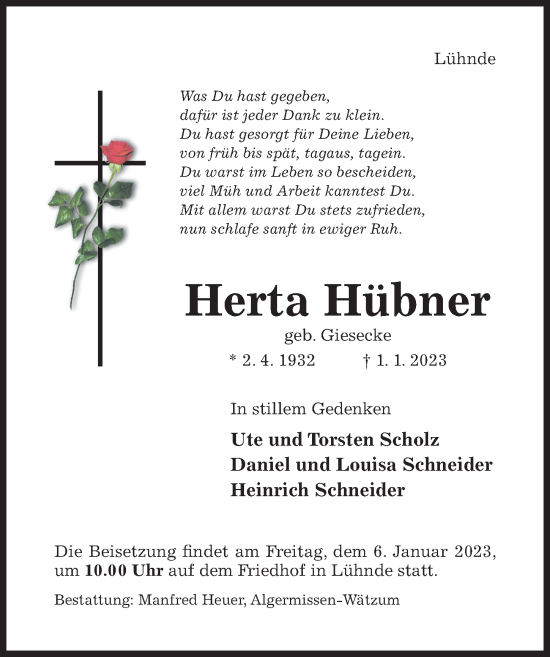 Traueranzeige von Herta Hübner von Hildesheimer Allgemeine Zeitung