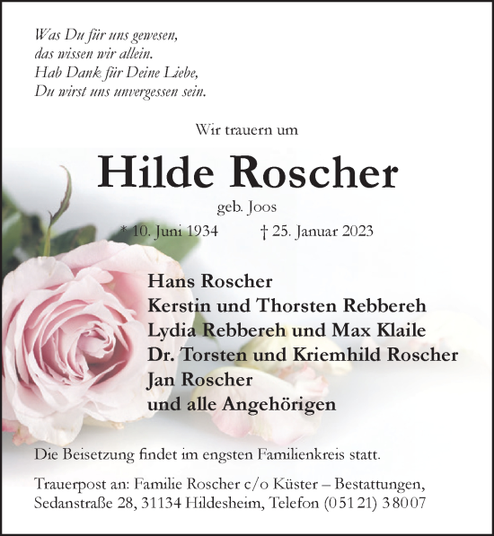 Traueranzeige von Hilde Roscher von Hildesheimer Allgemeine Zeitung