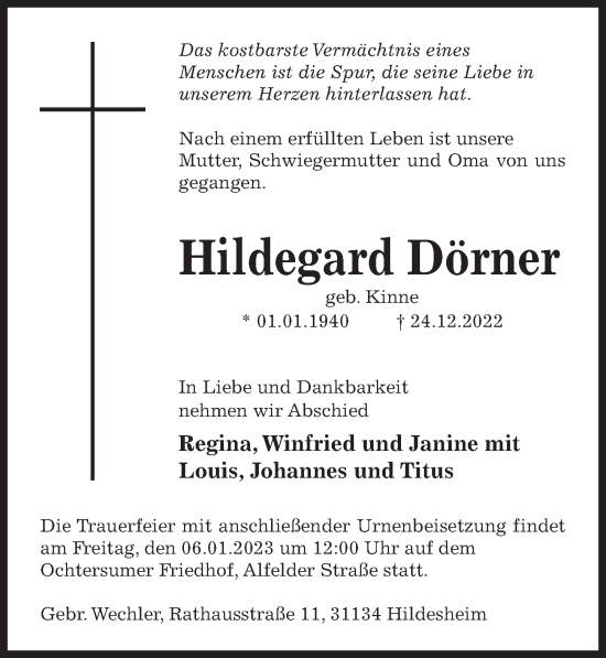 Traueranzeige von Hildegard Dörner von Hildesheimer Allgemeine Zeitung