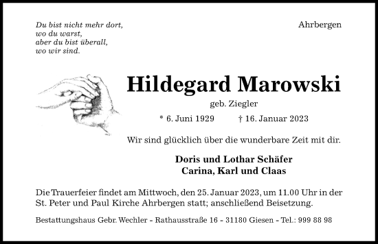 Traueranzeige von Hildegard Marowski von Hildesheimer Allgemeine Zeitung