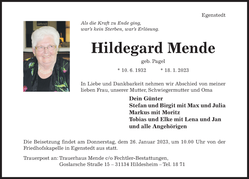 Traueranzeige für Hildegard Mende vom 21.01.2023 aus Hildesheimer Allgemeine Zeitung