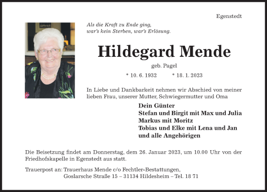 Traueranzeige von Hildegard Mende von Hildesheimer Allgemeine Zeitung