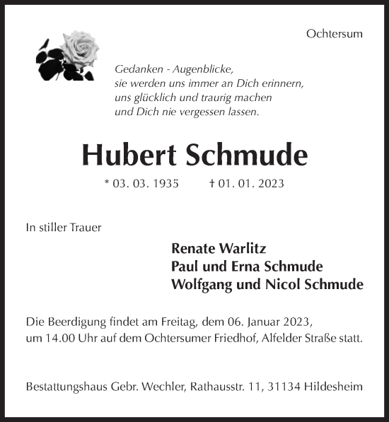 Traueranzeige von Hubert Schmude von Hildesheimer Allgemeine Zeitung