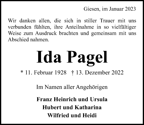 Traueranzeige von Ida Pagel von Hildesheimer Allgemeine Zeitung