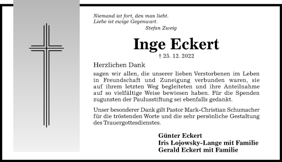 Traueranzeige von Inge Eckert von Hildesheimer Allgemeine Zeitung