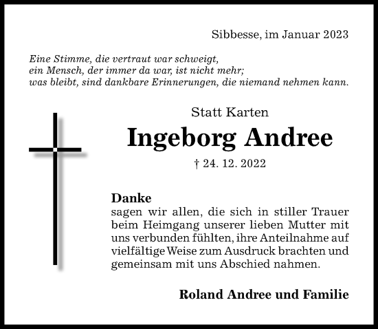 Traueranzeige von Ingeborg Andree von Hildesheimer Allgemeine Zeitung