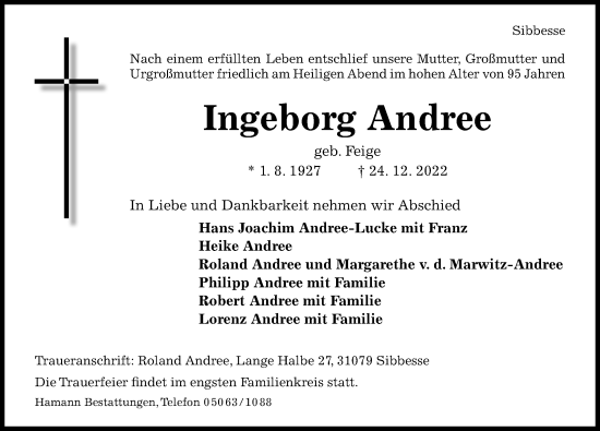 Traueranzeige von Ingeborg Andree von Hildesheimer Allgemeine Zeitung