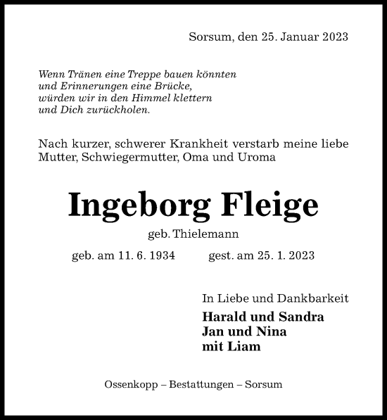 Traueranzeige von Ingeborg Fleige von Hildesheimer Allgemeine Zeitung