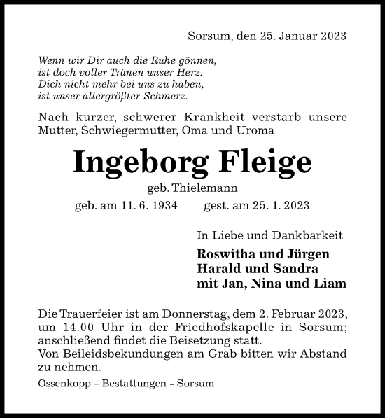 Traueranzeige von Ingeborg Fleige von Hildesheimer Allgemeine Zeitung