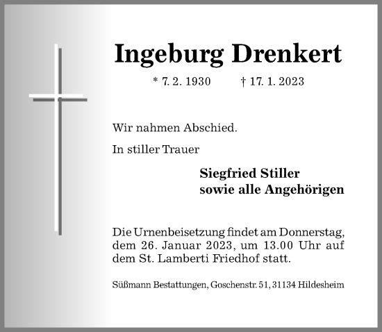 Traueranzeige von Ingeburg Drenkert von Hildesheimer Allgemeine Zeitung