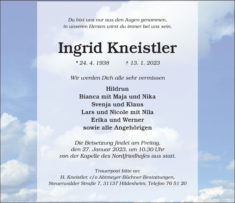  Traueranzeige für Ingrid Kneistler vom 25.01.2023 aus Hildesheimer Allgemeine Zeitung