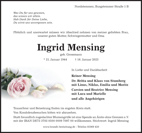 Traueranzeige von Ingrid Mensing von Hildesheimer Allgemeine Zeitung