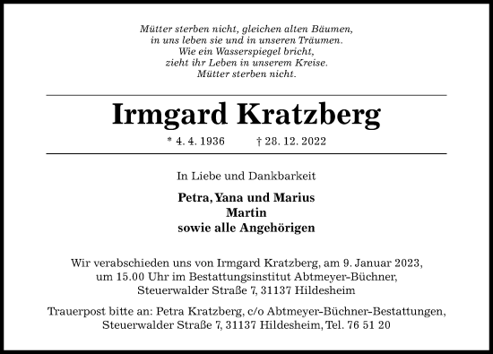 Traueranzeige von Irmgard Kratzberg von Hildesheimer Allgemeine Zeitung