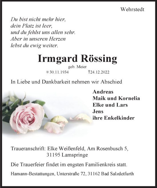 Traueranzeige von Irmgard Rössing von Hildesheimer Allgemeine Zeitung