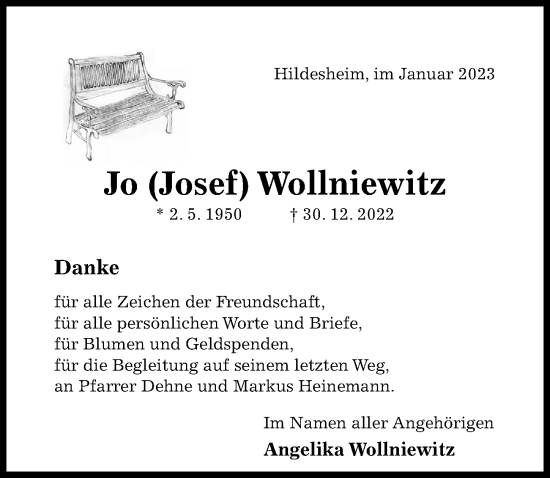 Traueranzeige von Jo Wollniewitz von Hildesheimer Allgemeine Zeitung