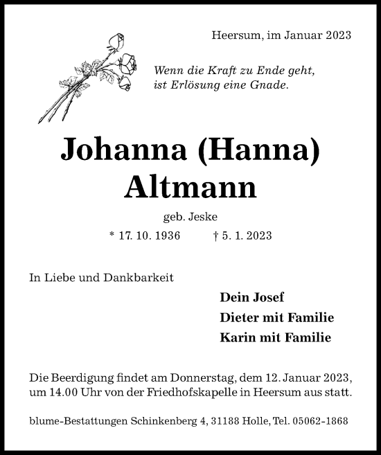 Traueranzeige von Johanna Altmann von Hildesheimer Allgemeine Zeitung