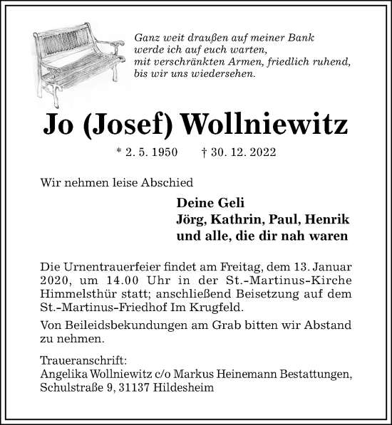 Traueranzeige von Josef Wollniewitz von Hildesheimer Allgemeine Zeitung