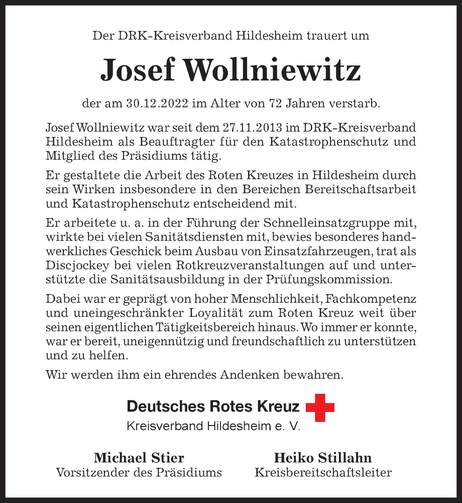  Traueranzeige für Josef Wollniewitz vom 04.01.2023 aus Hildesheimer Allgemeine Zeitung