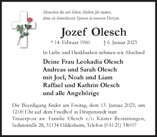 Traueranzeige von Jozef Olesch von Hildesheimer Allgemeine Zeitung