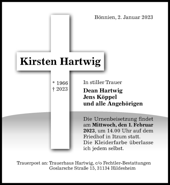 Traueranzeige von Kirsten Hartwig von Hildesheimer Allgemeine Zeitung