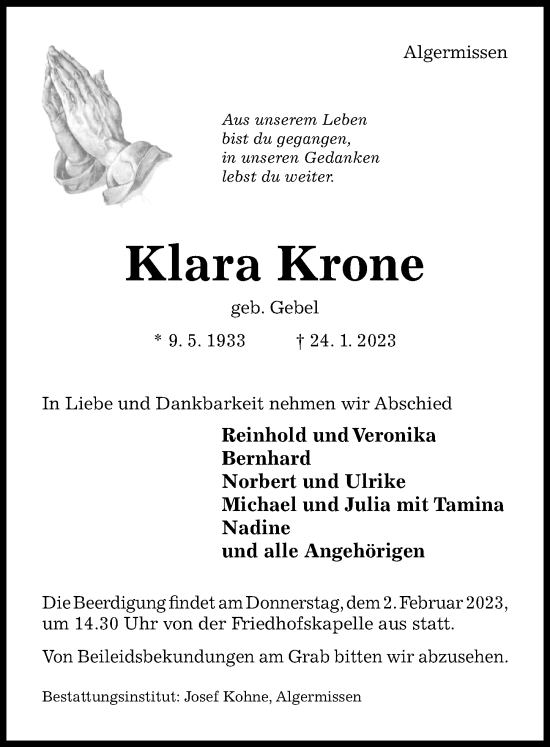 Traueranzeige von Klara Krone von Hildesheimer Allgemeine Zeitung