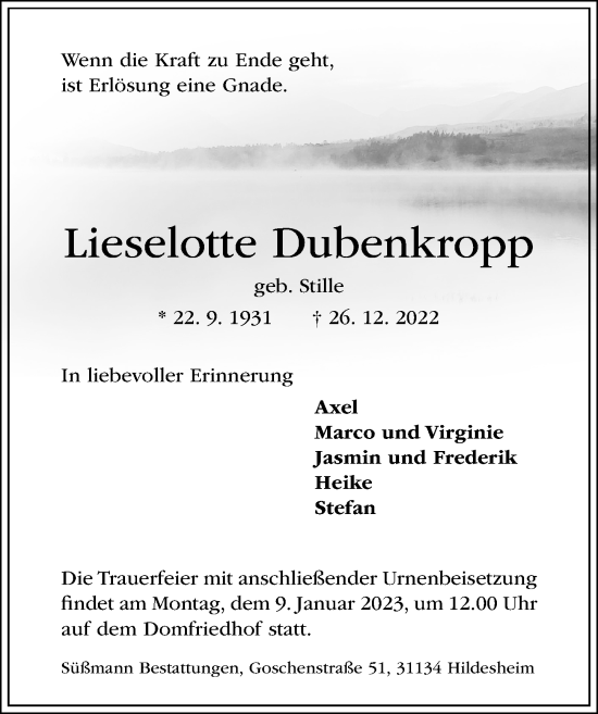 Traueranzeige von Lieselotte Dubenkropp von Hildesheimer Allgemeine Zeitung